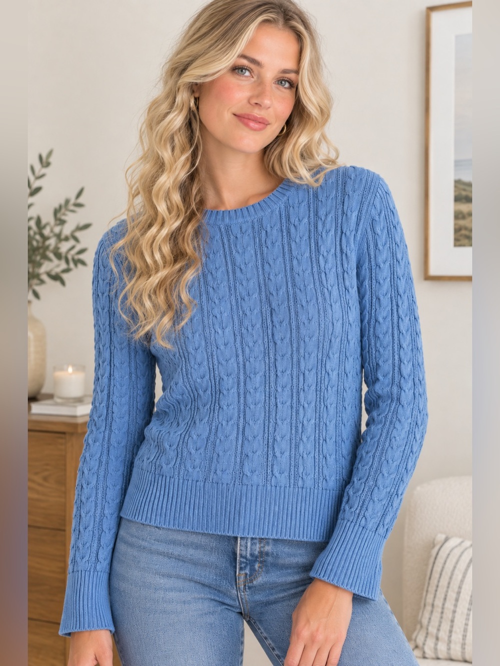 ST JOHNS | Women’s Blue Cable Knit Crewneck Sweater size Large